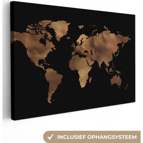 Canvas Wereldkaart - 180x120 - Wanddecoratie Wereldkaart - Zwart - Brons