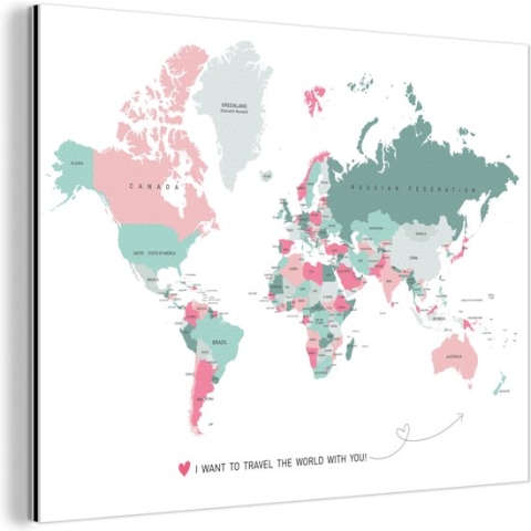 Wanddecoratie Metaal - Aluminium Schilderij Industrieel - Wereldkaart - Liefde - Roze - 80x60 cm - Dibond - Foto op aluminium - Industriële muurdecoratie - Voor de woonkamer/slaapkamer