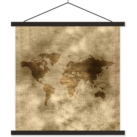Posterhanger incl. Poster - Schoolplaat - Wereldkaart - Goud - Bruin - 120x120 cm - Zwarte latten