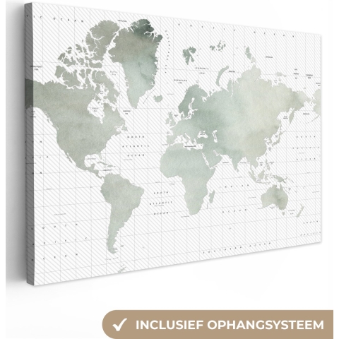 Canvas Wereldkaart - 180x120 - Wanddecoratie Wereldkaart - Waterverf - Grijs