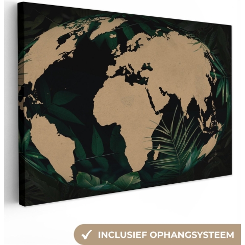 Canvas Wereldkaart - 180x120 - Wanddecoratie Wereldkaart - Wereldbol - Planten