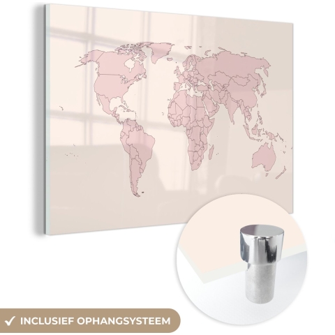 MuchoWow® Glasschilderij - Wereldkaart - Simpel - Roze - 120x80 cm - Acrylglas Schilderijen - Foto op Glas