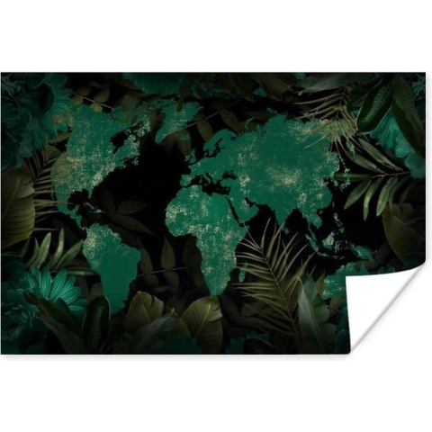 Poster Wereldkaart - Groen - Bladeren - 180x120 cm XXL