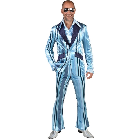 Magic By Freddy's - Hippie Kostuum - Mr Fine Stripe Jaren 70 Pak Blauw Man - Blauw - Medium - Carnavalskleding - Verkleedkleding