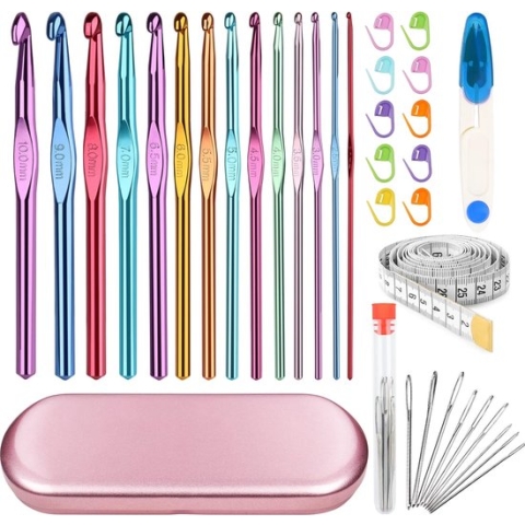 14-delige aluminium haaknaaldenset, ergonomische kleurrijke haaknaaldenset met haakgereedschap accessoires en roze metalen opbergdoos, praktische haaknaald voor beginners, kinderen en volwassenen.