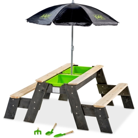EXIT Aksent zand-, water- en picknicktafel (2 bankjes) met parasol en tuingereedschap