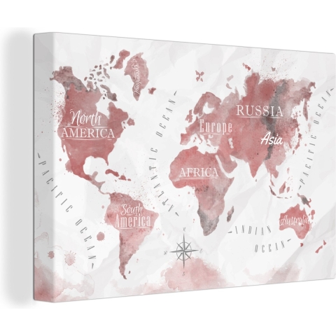 Canvas Wereldkaart - 180x120 - Wanddecoratie Wereldkaart - Verf - Roze