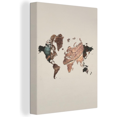 Wanddecoratie Wereldkaart - Hout - Bruin - Canvas - 120x160 cm