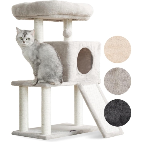 Krabpaal klein/middelgroot (83 cm), kattenboom met sisaltouw en helling in 3 kleuren, kattenboom met pluche ligbak incl. kattenmand