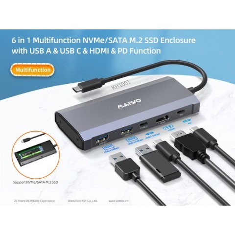 MAIWO KH1001 Docking station - 1x NVMe/SATA - 1x HDMI 4K60Hz - 1xUSB-C PD100W, 5Gbps - 2xUSB-A