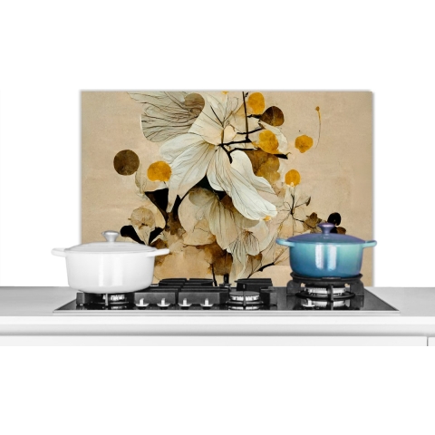 Spatscherm Keuken - Kookplaat Achterwand - Spatwand Fornuis - 90x60 cm - Bloemen - Planten - Goud - Vintage - Aluminium - Wanddecoratie - Muurbeschermer - Hittebestendig
