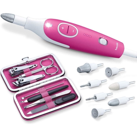 Beurer MP 44 Elektrische nagelvijl - Nagelfrees - Elektrische Manicure en Pedicure set - 7 Opzetstukken - LED licht - L&R draaiend - Snelheid traploos - Incl. nagelverzorging set/netadapter/opbergtas - Wit/roze
