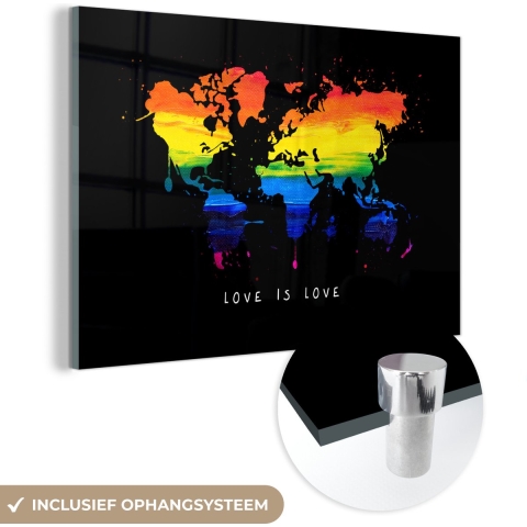 MuchoWow® Glasschilderij - Wereldkaart - Pride - Liefde - 150x100 cm - Acrylglas Schilderijen - Foto op Glas