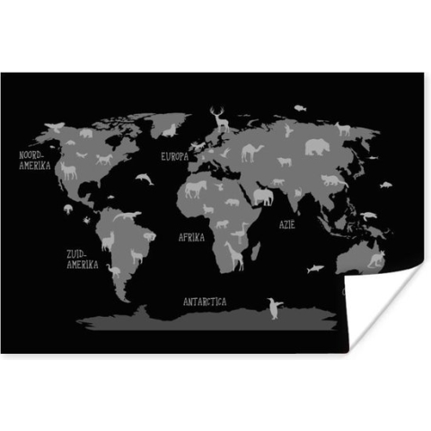 Poster Wereldkaart met dieren - zwart wit - 180x120 cm XXL