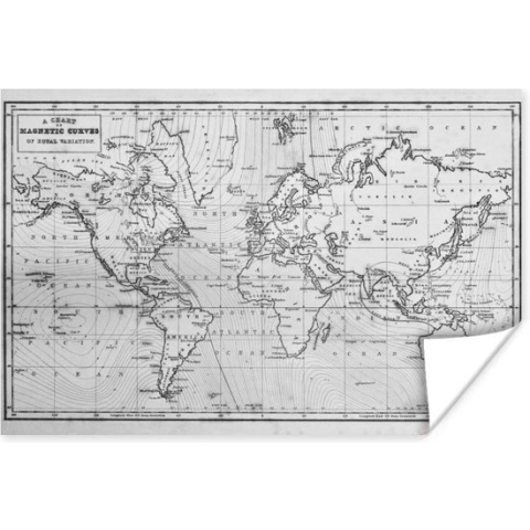 Poster Wereldkaart met magnetic curves - zwart wit - 180x120 cm XXL