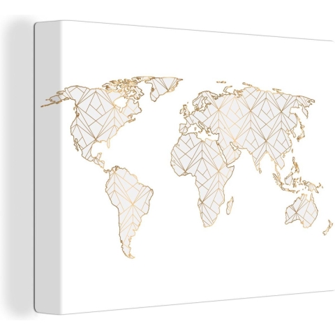 Canvas Wereldkaart - 160x120 - Wanddecoratie Wereldkaart - Lijnen - Goud