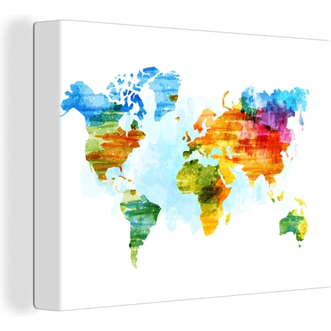 Canvas Wereldkaart - 160x120 - Wanddecoratie Wereldkaart - Waterverf - Kleuren