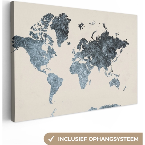 Canvas Wereldkaart - 180x120 - Wanddecoratie Wereldkaart - Zwart - Zilver