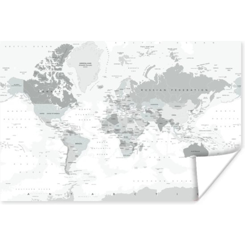 Poster Wereldkaart - Wit - Grijs - Aarde - 180x120 cm XXL