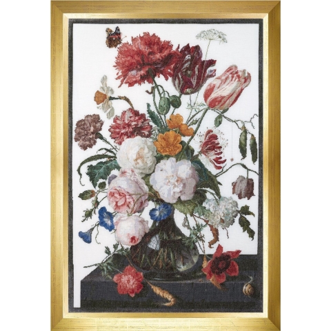 Thea Gouverneur - Borduurpakket met telpatroon - 785 - Voorgesorteerde DMC Garens - Stilleven met bloemen in een glazen vaas. Jan Davidsz. de Heem. 1650 - 1682 - Linnen 7 kruisjes/cm - 72 cm x 49 cm - DIY Kit