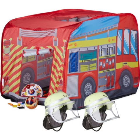 Relaxdays 3-delige brandweer set - 2 brandweerhelmen met vizier - speeltent -voor kinderen