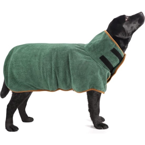 Hond drogen jas, huisdier badjas, sneldrogende super vochtabsorberende hond badjas microvezel handdoek, verstelbare kraag en taille hond handdoek voor grote, middelgrote honden groen L