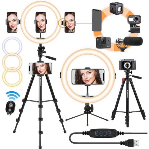 StayPowered Ringlight Telefoonstatief - met Tripod - 3 kleurstanden - 5 verschillende hoogtes - 360° draaibaar - Zwart - Geschikt voor Telefoon, Camera, GoPro - ideaal voor TikTok livestreaming