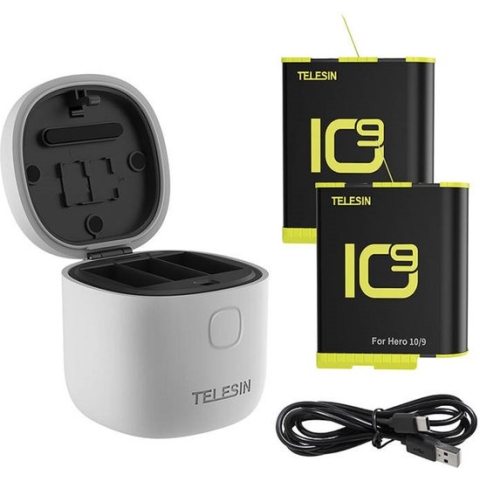 Telesin 3-slot waterdichte oplader Allin box voor GoPro Hero 9 / Hero 10 + 2 batterijen (GP-BTR-905-GY-B)
