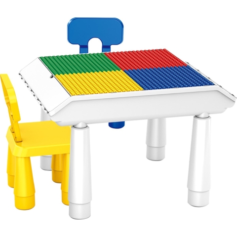 Multifunctioneel Kinderbouwtafel Set voor DUPLO + 79 Blokken - Blokkentafel + 2 stoelen + Opbergruimte voor speelgoed - Constructietafel, Speeltafel - Zandtafel - Watertafel - Knutseltafel - Kindertafel en Stoelen - Bouwtafel compatibel met DUPLO