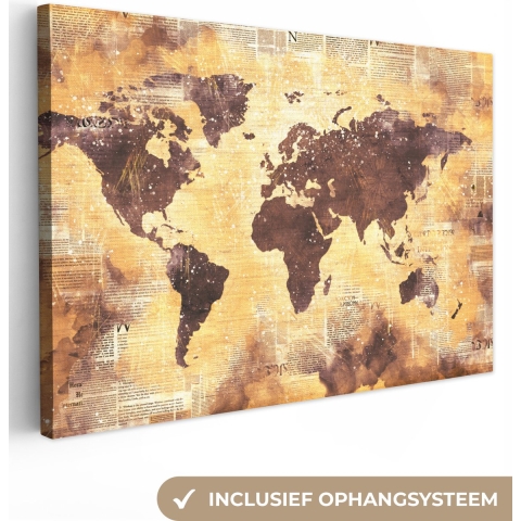 Canvas Wereldkaart - 150x100 - Wanddecoratie Wereldkaart - Glitter - Goud