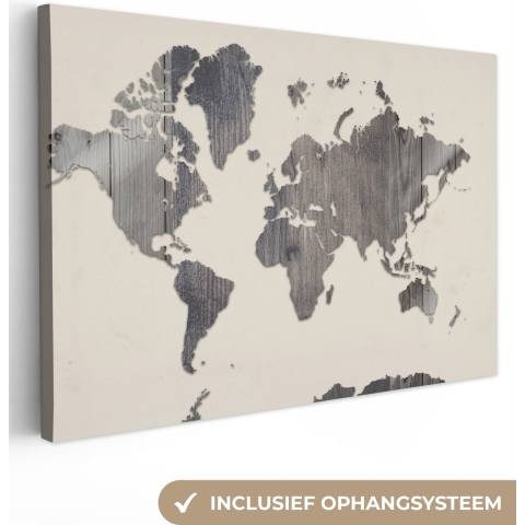 Canvas Wereldkaart - 150x100 - Wanddecoratie Wereldkaart - Hout - Grijs