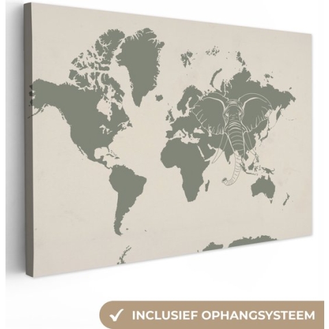 Canvas Wereldkaart - 120x80 - Wanddecoratie Wereldkaart - Dieren - Olifant