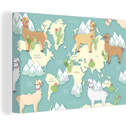 Canvas Wereldkaart - 140x90 - Wanddecoratie Wereldkaart - Alpaca - Bergen