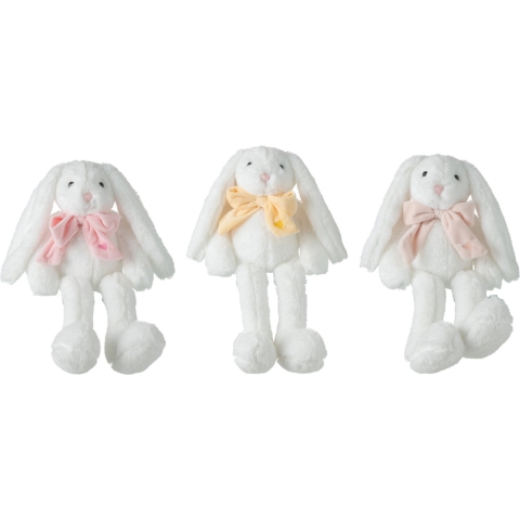 J-Line Konijn Pluche Met Strik Polyester Wit Assortiment Van 3 - Paasdecoratie