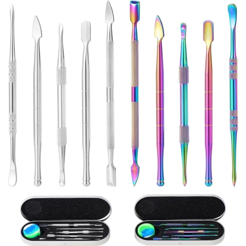 Pack of 12 Clay Wax Carving Tool, Dabbing Tool, Double-Ended Stainless Steel Sculpture Tool, DIY Tool for Sculpture, Modeling, Scraping Shapes, Pottery Work (Rainbow + Silver)