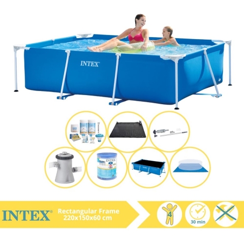 Intex Rectangular Frame Zwembad - Opzetzwembad - 220x150x60 cm - Inclusief Solarzeil Pro, Onderhoudspakket, Zwembadpomp, Filter, Grondzeil, Stofzuiger en Solar Mat