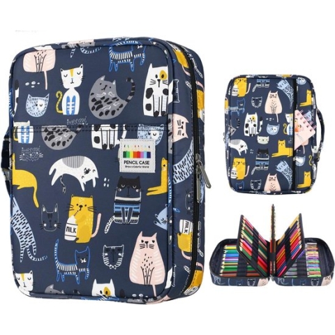 Gekleurde etui met 220 sleuven pennenetui organizer met handige omslag en rits, meerlagige houder voor Prismacolor kleurpotloden en gelpen (sportkat)