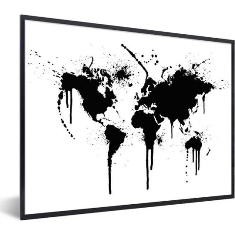 Fotolijst incl. Poster - Wereldkaart - Inkt - Zwart - 80x60 cm - Posterlijst