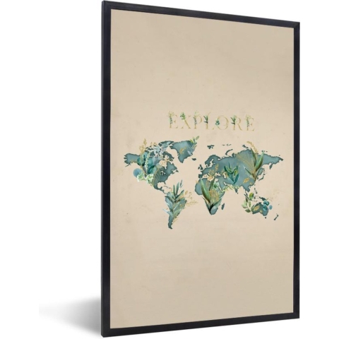 Fotolijst incl. Poster - Wereldkaart - Turquoise - Planten - 80x120 cm - Posterlijst