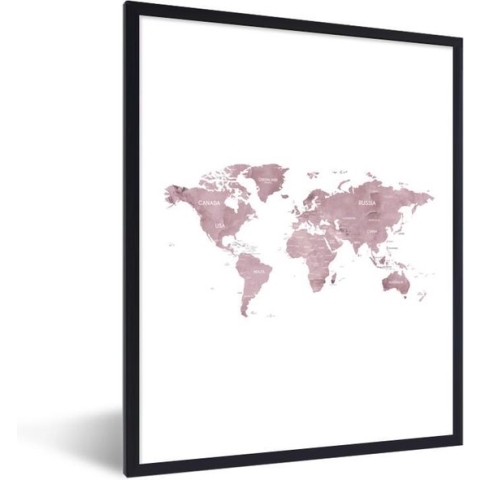 Fotolijst incl. Poster - Wereldkaart - Marmer - Roze - 60x80 cm - Posterlijst