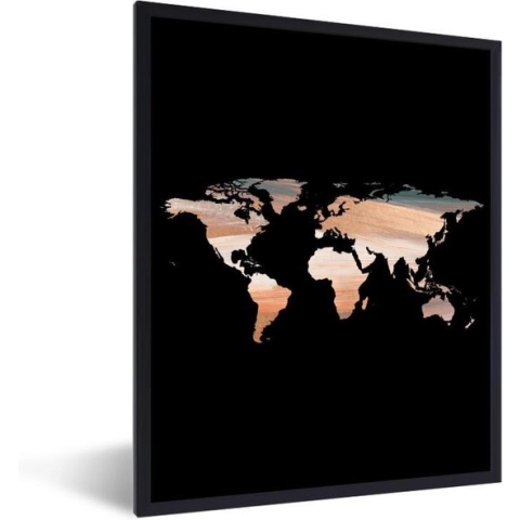 Fotolijst incl. Poster - Wereldkaart - Kleuren - Zwart - 60x80 cm - Posterlijst