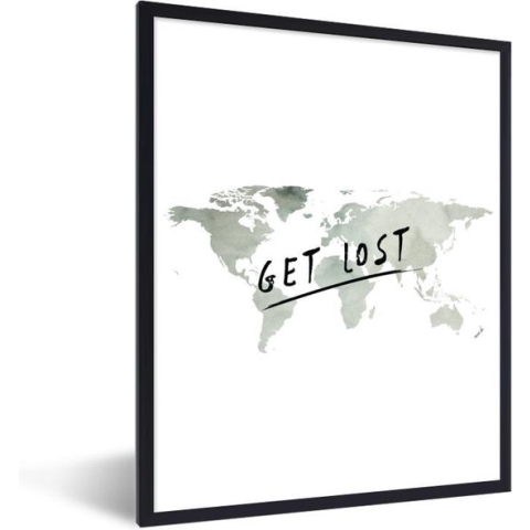 Fotolijst incl. Poster - Wereldkaart - Waterverf - Quotes - 60x80 cm - Posterlijst