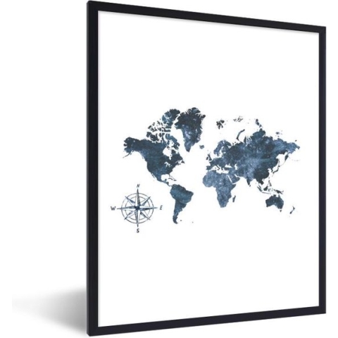 Fotolijst incl. Poster - Wereldkaart - Blauw - Wit - 60x80 cm - Posterlijst