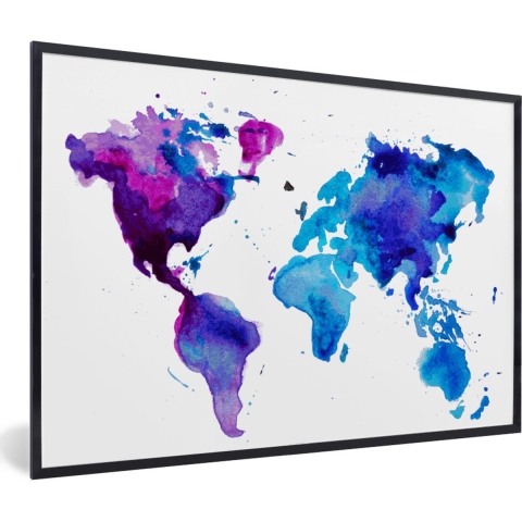 Fotolijst incl. Poster - Wereldkaart - Waterverf - Paars - Kinderen - Jongens - Meisjes - 120x80 cm - Posterlijst
