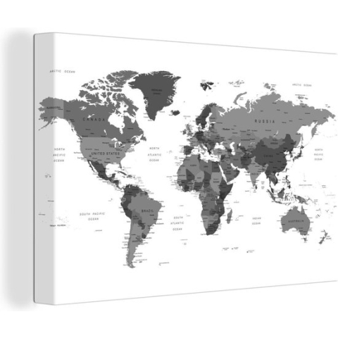 Canvas Wereldkaart - 120x80 - Wanddecoratie Mannelijke wereldkaart - zwart wit