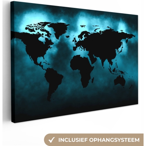 Canvas Wereldkaart - 150x100 - Wanddecoratie Wereldkaart - Zwart - Blauw