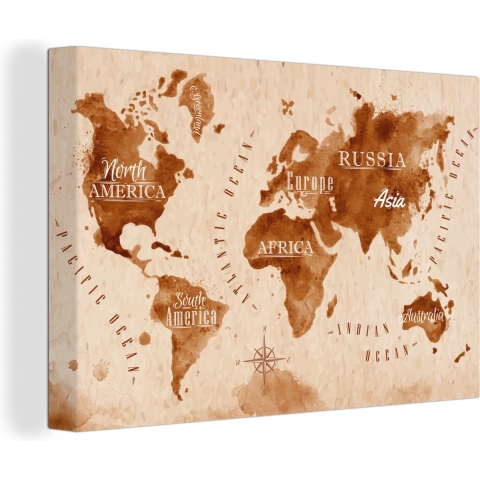 Canvas Wereldkaart - 150x100 - Wanddecoratie Wereldkaart - Verf - Bruin - Vintage