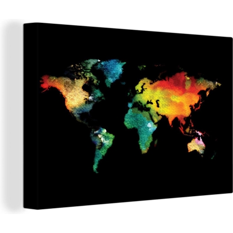 Canvas Wereldkaart - 150x100 - Wanddecoratie Wereldkaart - Waterverf - Kleuren
