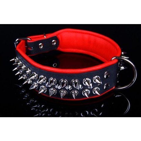 Dog's Companion - Leren halsband - met spikes - Zwart/Rood - 51-60cmx50 mm - Lengte: 65cm (50 mm), Kleur: Zwart / Rood