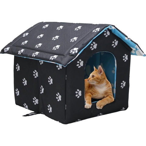 Kattenhuis voor buiten, winterbestendig, waterdicht en warm, opvouwbaar, voor katten, met afneembaar kussen voor zwerfhuisdieren